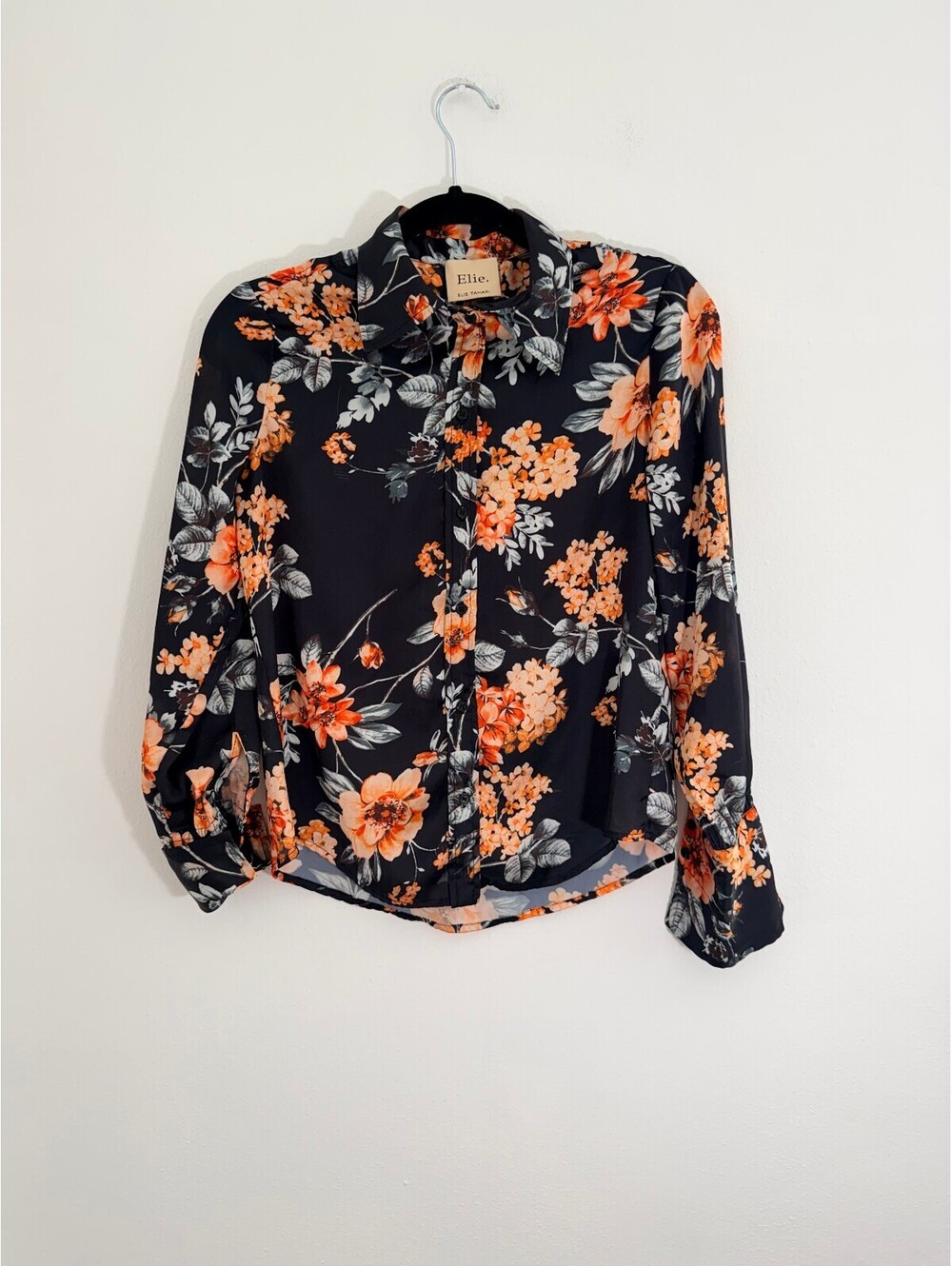 Elie Tahari Elie Floral Button Front Blouse XS Black Orange Long Sleeve